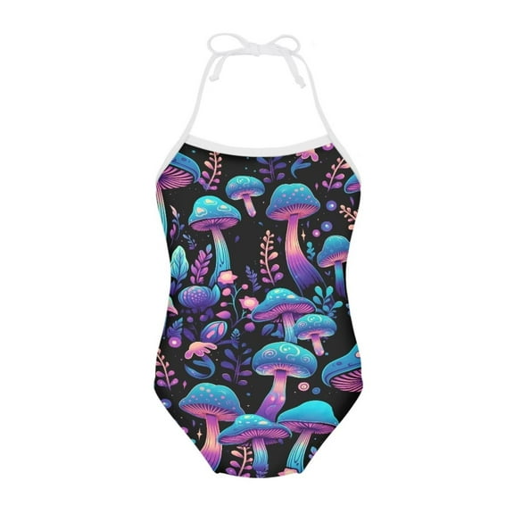 FOR U DESIGNS Psychedelic Mushroom Halter Neck Swimsuit One Piece Size 7-8T Novelty Off Shoulder Bathing Suit Soft One Piece Swimwear for Girls