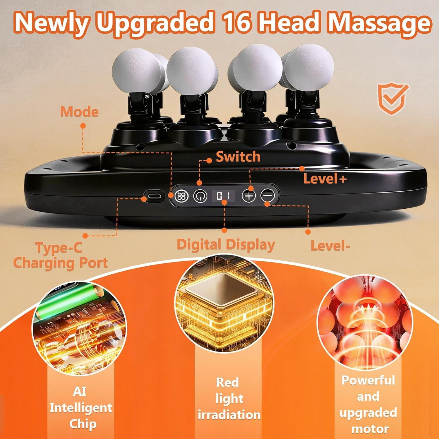 16-Head Massage Gun Professional Deep Tissue Massager with 3 Modes & 30-Speed Touch Screen for Muscle Relief