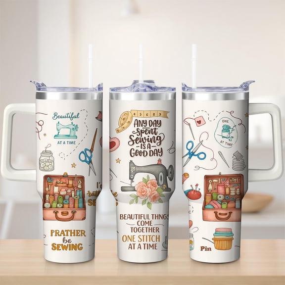 Sewing Themed Stainless Steel Insulated Mug with Lid and Handle, 30oz