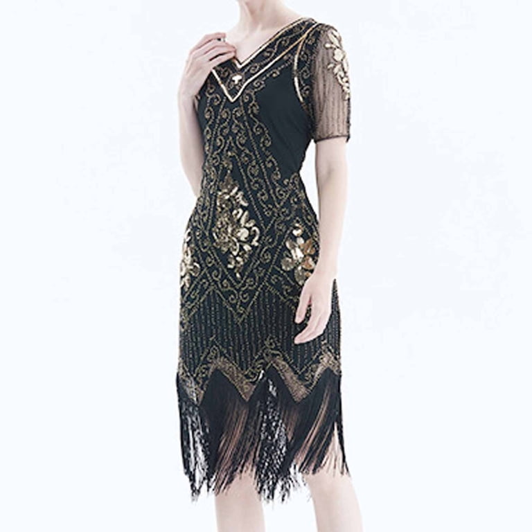 knee length dresses for ladies Zapaka Women Sparkly 1920s Dress Golden Fringes Flapper Dress with 20s Accessories, BlackGolden / M