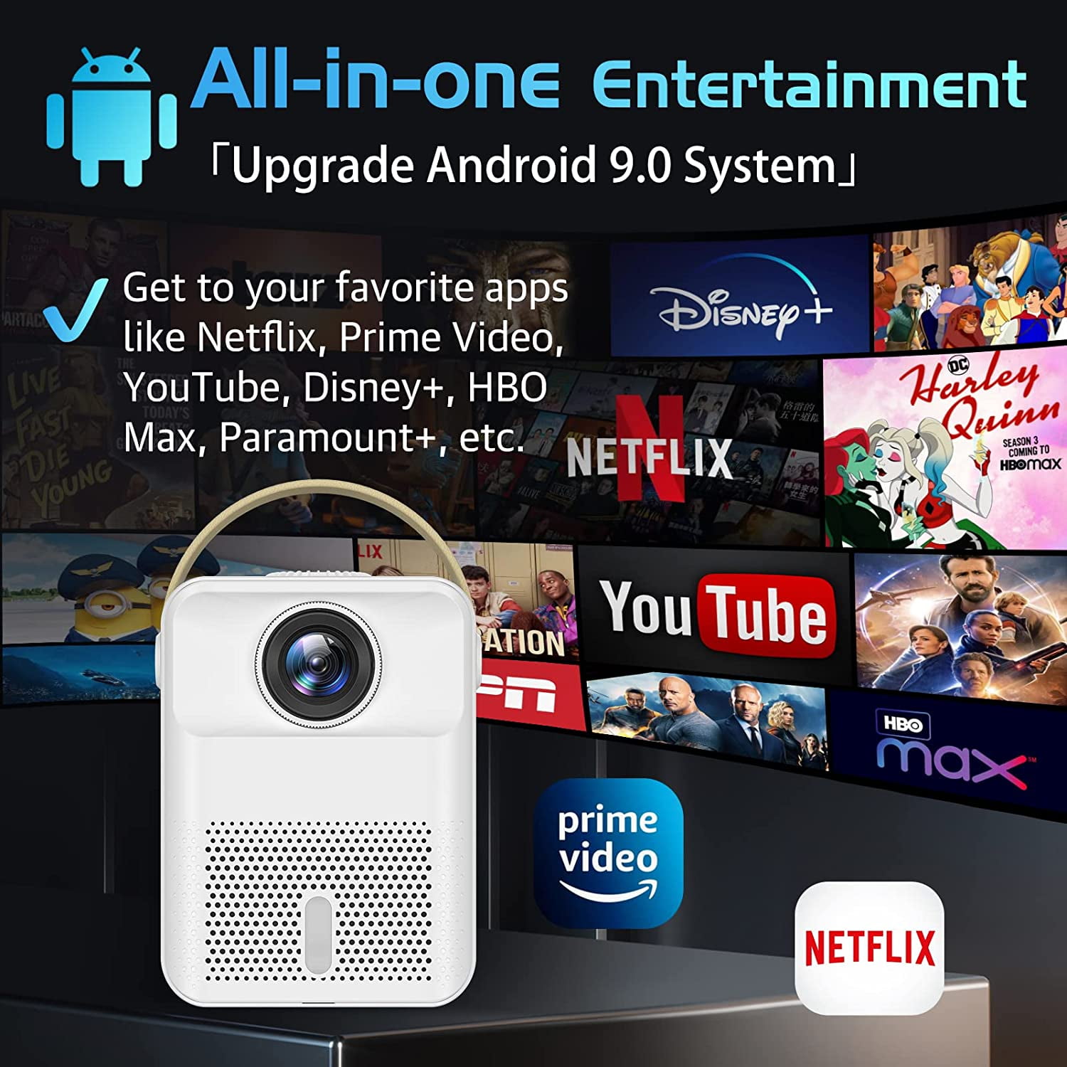 Smart Projector 4K Android System, 15000Lm Mini Projector with WiFi and Bluetooth, 4K Outdoor Projector Max 300” Digital ±45° 4D Keystone Zoom Support, Compatible with Phone, TV Stick