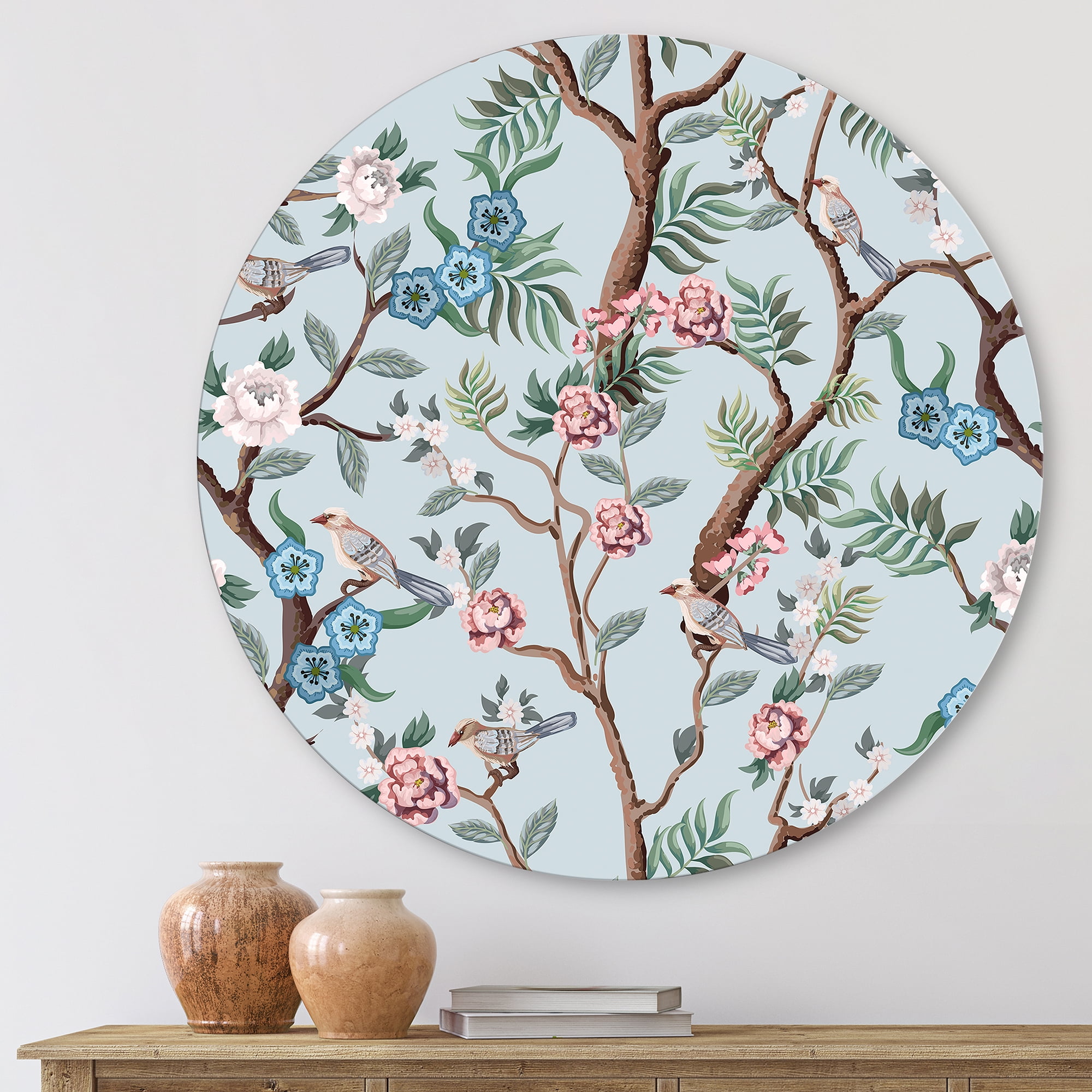 Designart 'Birds and Peonies With Chinoiserie X' Traditional Circle Metal Wall Art 23x23 - Disc of 23