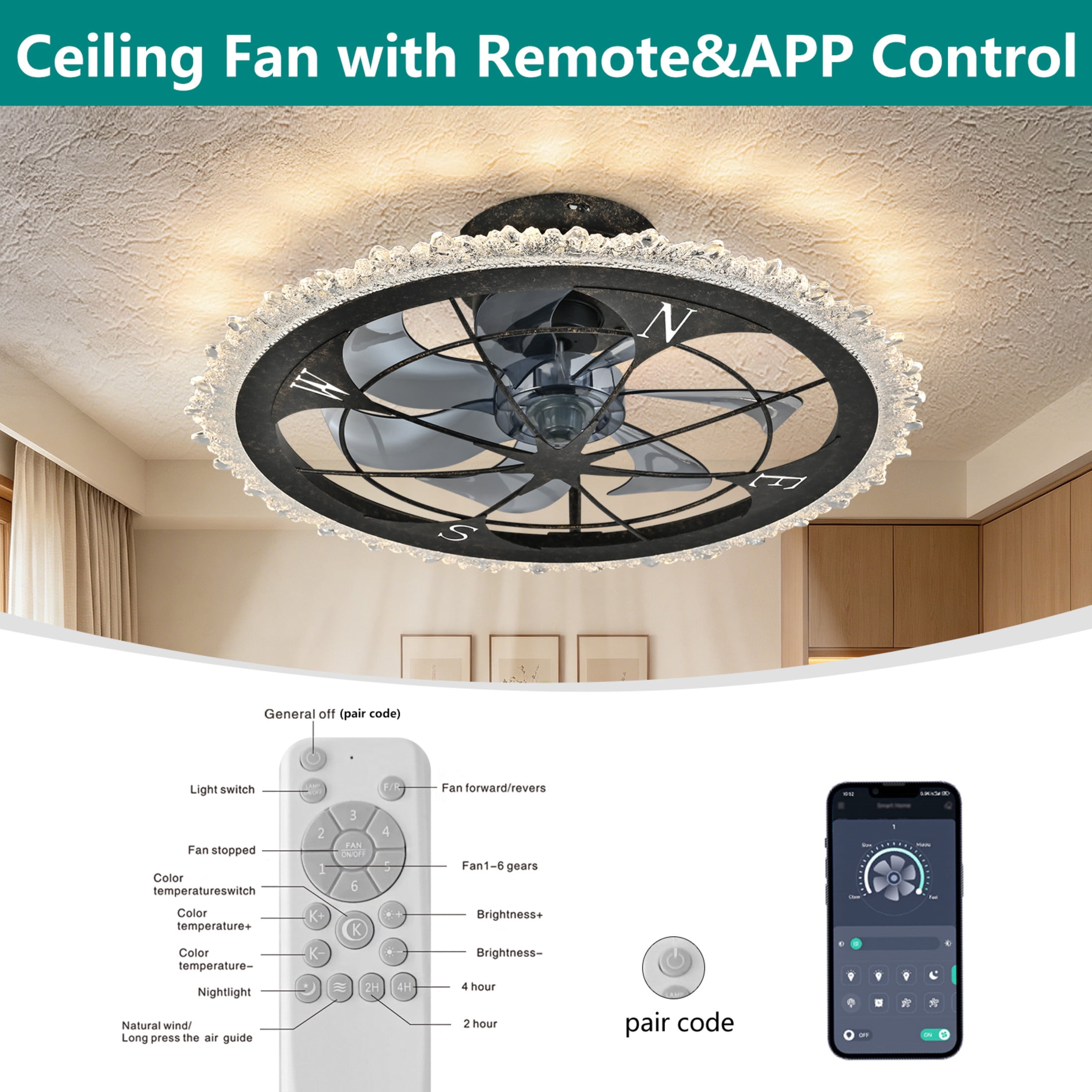 GDF Studio 21" Vintage Caged Ceiling Fan with LED Lights, Remote & App Control, Rustic Flush Mount Fandelier, Antique Black