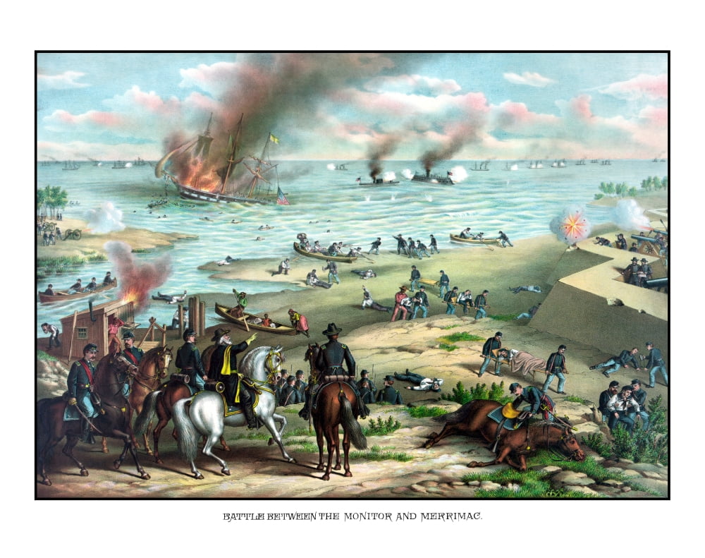 Civil War print showing the Naval Battle of the Monitor and The
