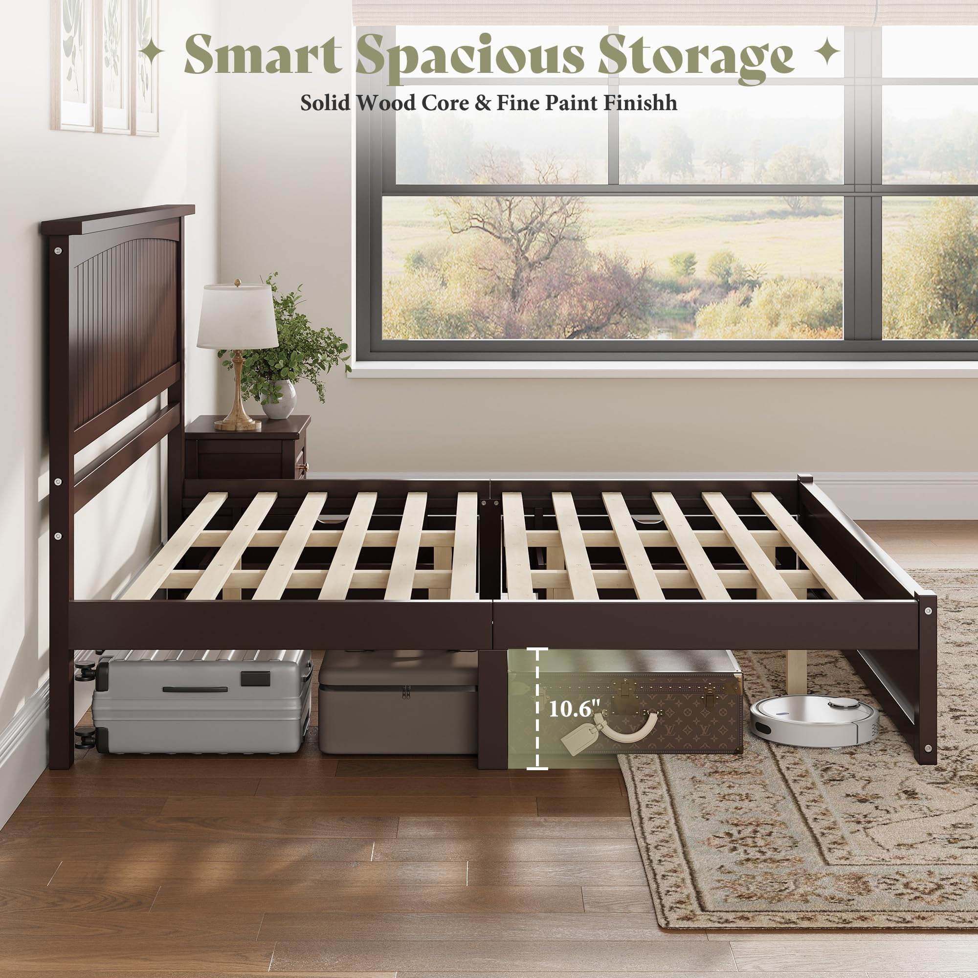 Amerlife Queen Size Solid Wood Bed Frame with 50" Tall Headboard, Mid-Century Modern Bed with, Wooden Platform Bed with 2 Drawers, Espresso