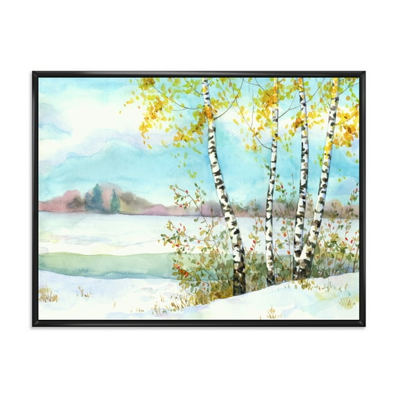 Designart 'Birches In Snowy Land' Lake House Framed Canvas Wall Art Print