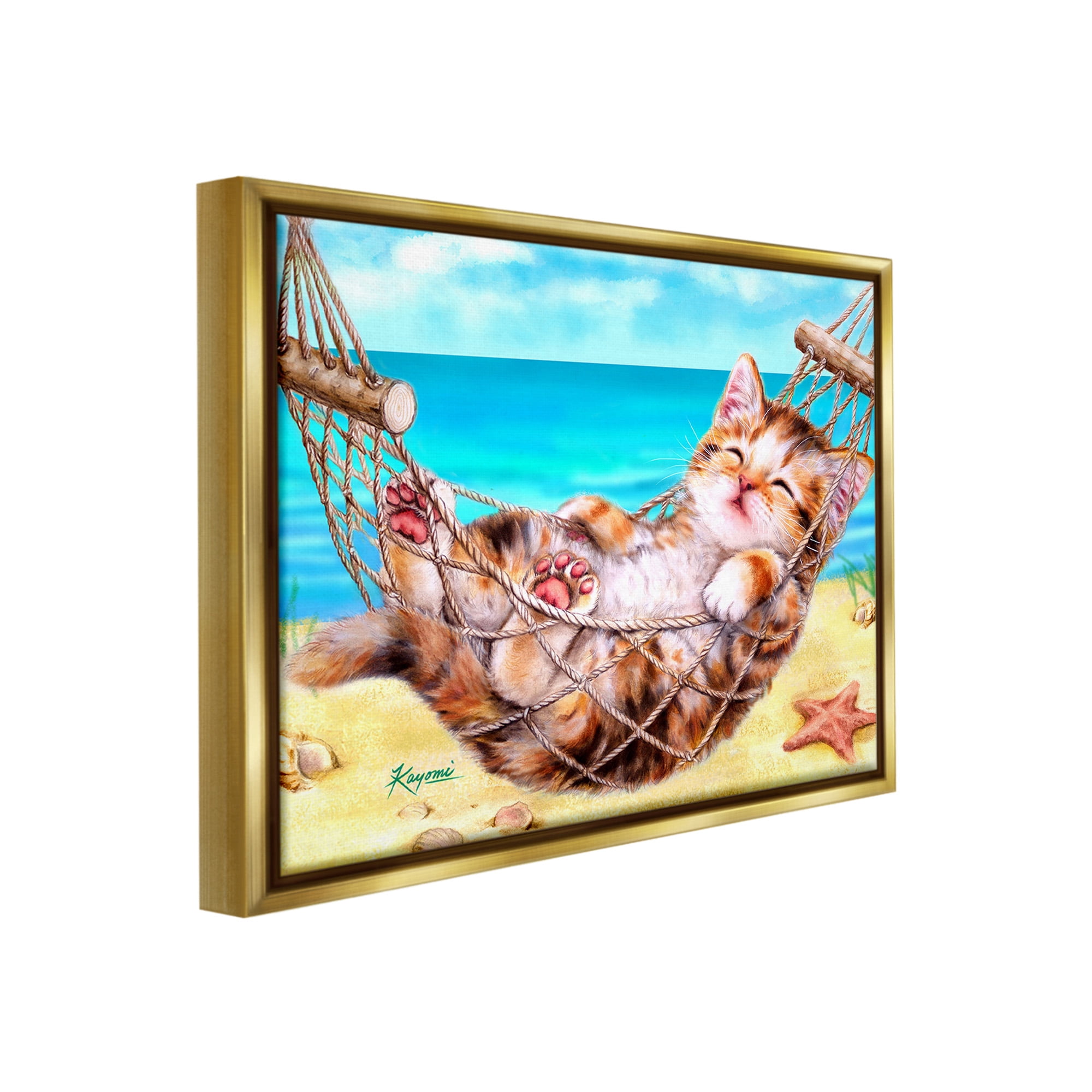 Stupell Industries Kitten in Beach Hammock Animals & Insects Painting Gold Floater Framed Canvas Art Print Wall Art, 31 x 25
