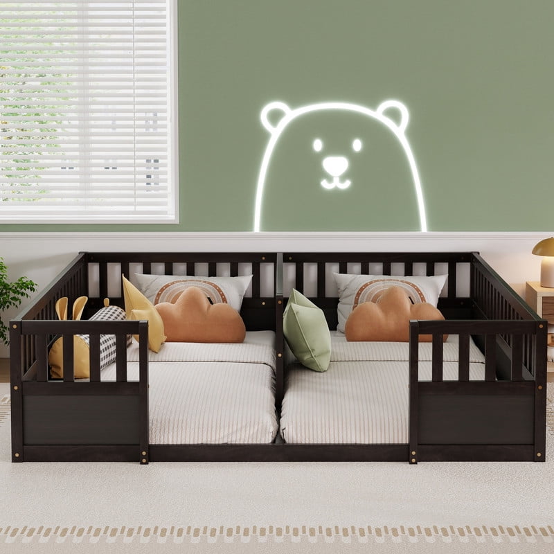 Twin Size Horizontal Floor Bunk Bed Frame with Semi-Enclosed Safety Guardrails, Wood Low Profile Kids Bed with Open Entrance