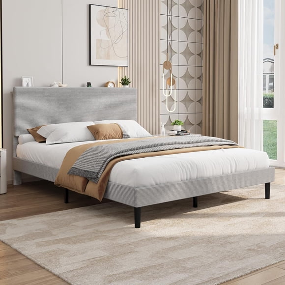 Queen Bed Frame with Charging Station, Corduroy Upholstered Platform Bed Frame with Headboard and Storage Shelf, Solid Wood Slats, No Box Spring Needed, Noise Free, Easy Assembly, Gray