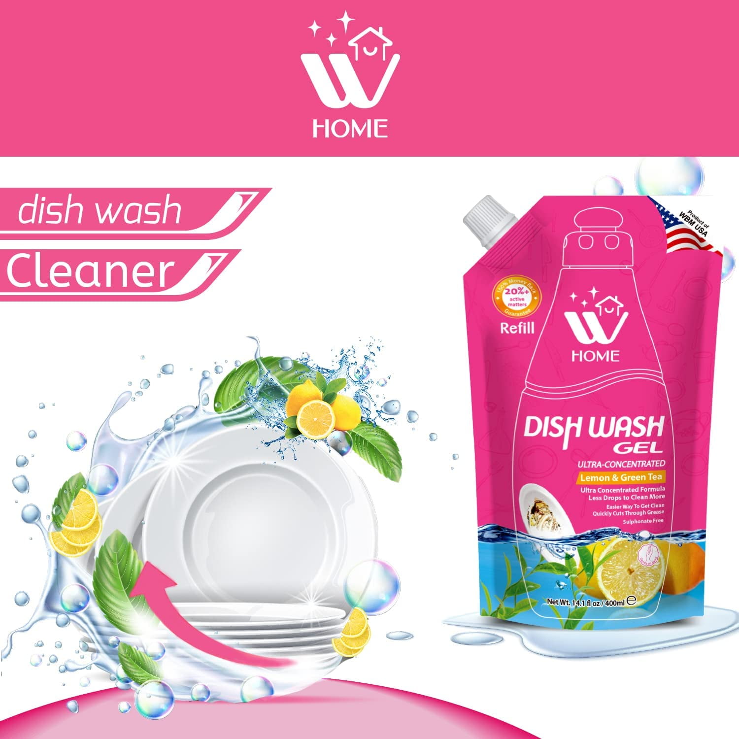 WBM Liquid Dish Soap Refills, Formulated with Lemon & Green Tea Extracts Stain Removal, 400ml/Each, Pack of 3