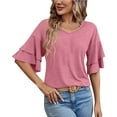 thumbnail image 2 of Tittly T Shirts for Women V Neck T Shirts for Women Womens Casual Blouses Summer Fashion Clothes Double Tiered Half Bell Sleeve Top Crewneck Loose Fit T Shirts Tshirts Shirts Womens Tops Red S, 2 of 6