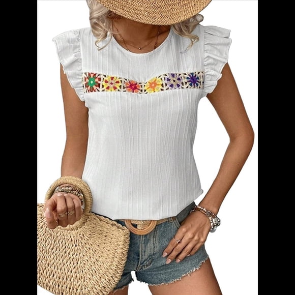 Women's Floral Embroidery Blouse Crew Neck Short Sleeve Summer Boho Shirt White L