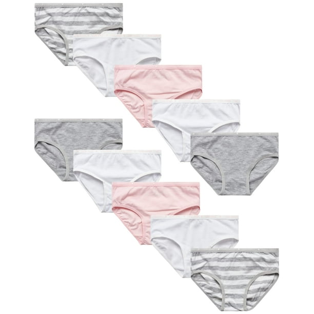 Laura Ashley Girls' Underwear - 10 Pack Stretch Cotton Briefs (Size: XS-L),  Size Large, Grey Stipres/Pink/White