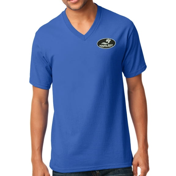 Manu Bay Surf Company LOGO Patch Men's V-neck Tee Shirt, Small Royal Blue