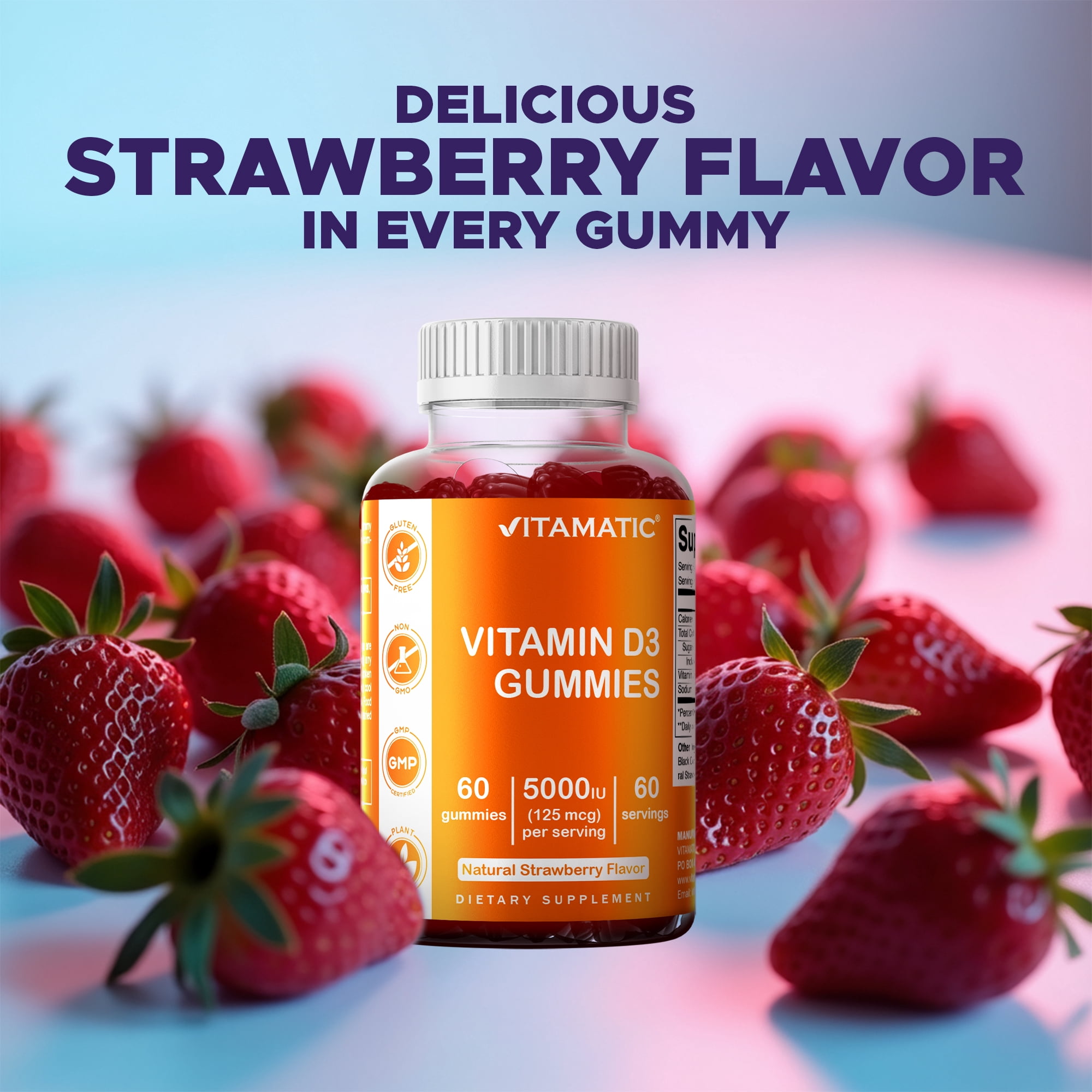 3 Pack Vitamatic Vitamin D3 Gummies - 5000 IU Per Gummy - 60 Gummies - Great Taste - Healthy Bones, Teeth, Mood, Joint & Immune System Function (Total 180 Count)