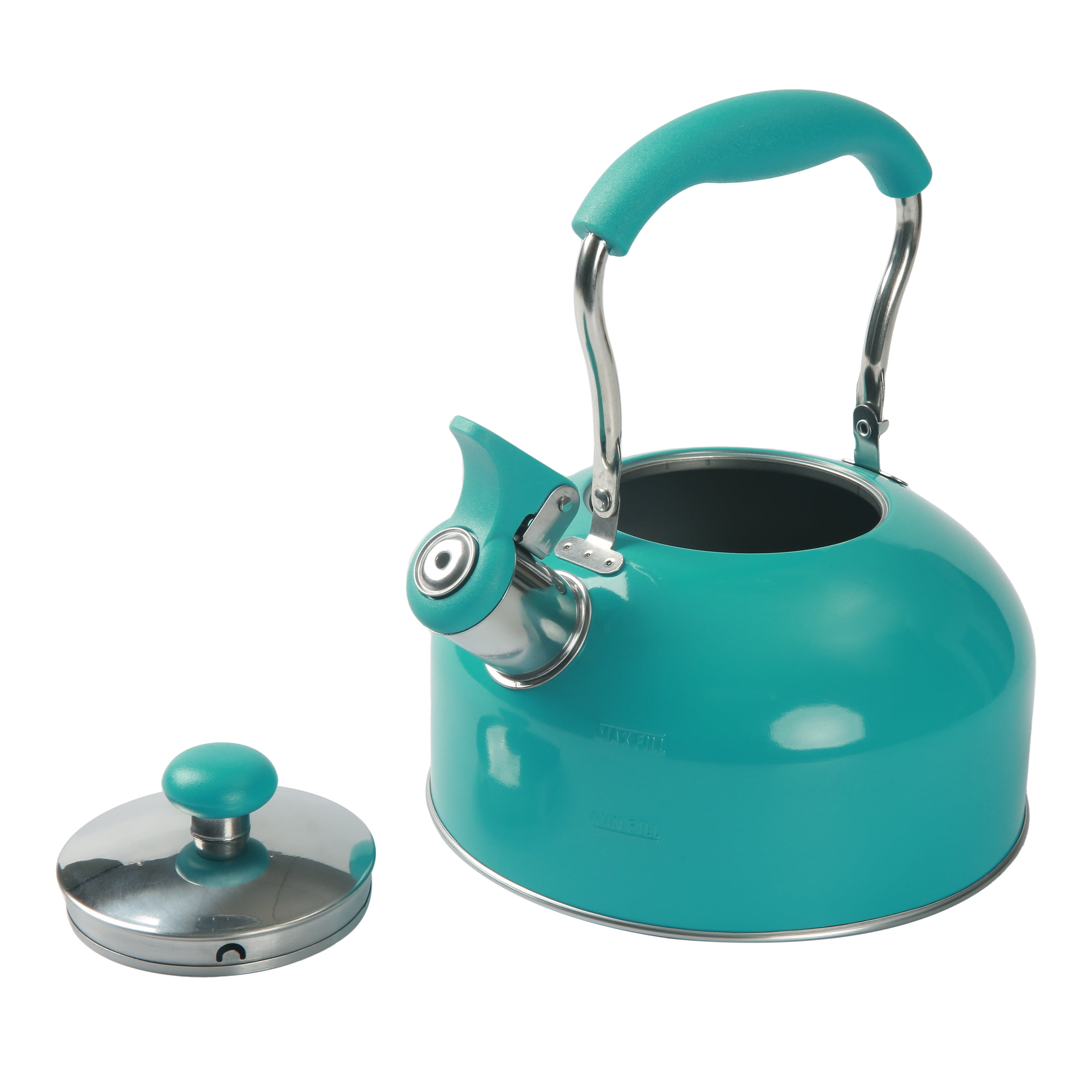Mainstays 1.8 L Stainless Steel Stovetop Tea Kettle, Teal Paint Finish