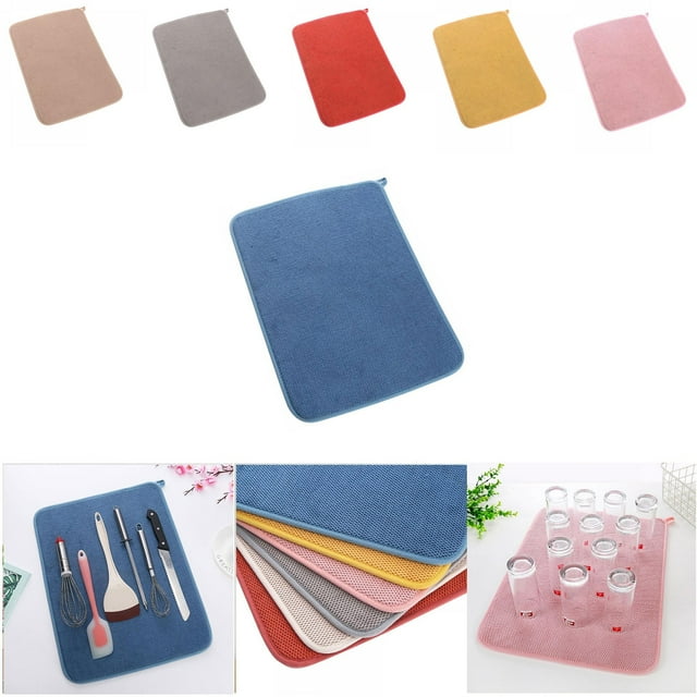 Microfiber Kitchen Dish Drying Mat - Strong Water Absorption, Thick, Protects Glassware, Easy to Clean/Store, Multiple Colors Available