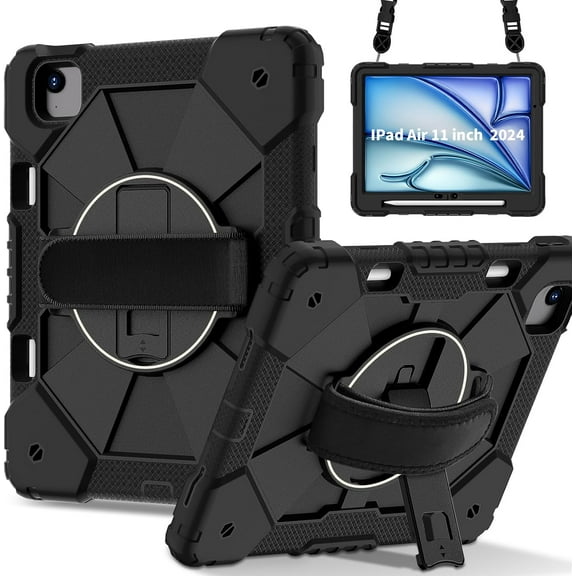 REQO Case for iPad Air 11 inch M2 2024,Tablet case for iPad Air 6th Generation, Kids case Shockproof Protective with 360° Rotate Kickstand Hand Strap Shoulder Strap Cover