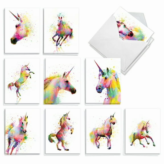 20 Blank All Occasion Cards Assorted (10 Designs, 2 Each) - Funky Rainbow Unicorns All Occasion (4" x 5.12") AM6748OCB-B2x10
