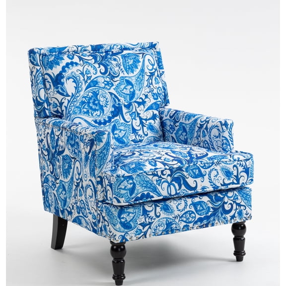 Blue & White Paisley Upholstered Accent Chair-Living Room Club Chair with Decorative Nailhead Trim & Turned Wooden Legs"