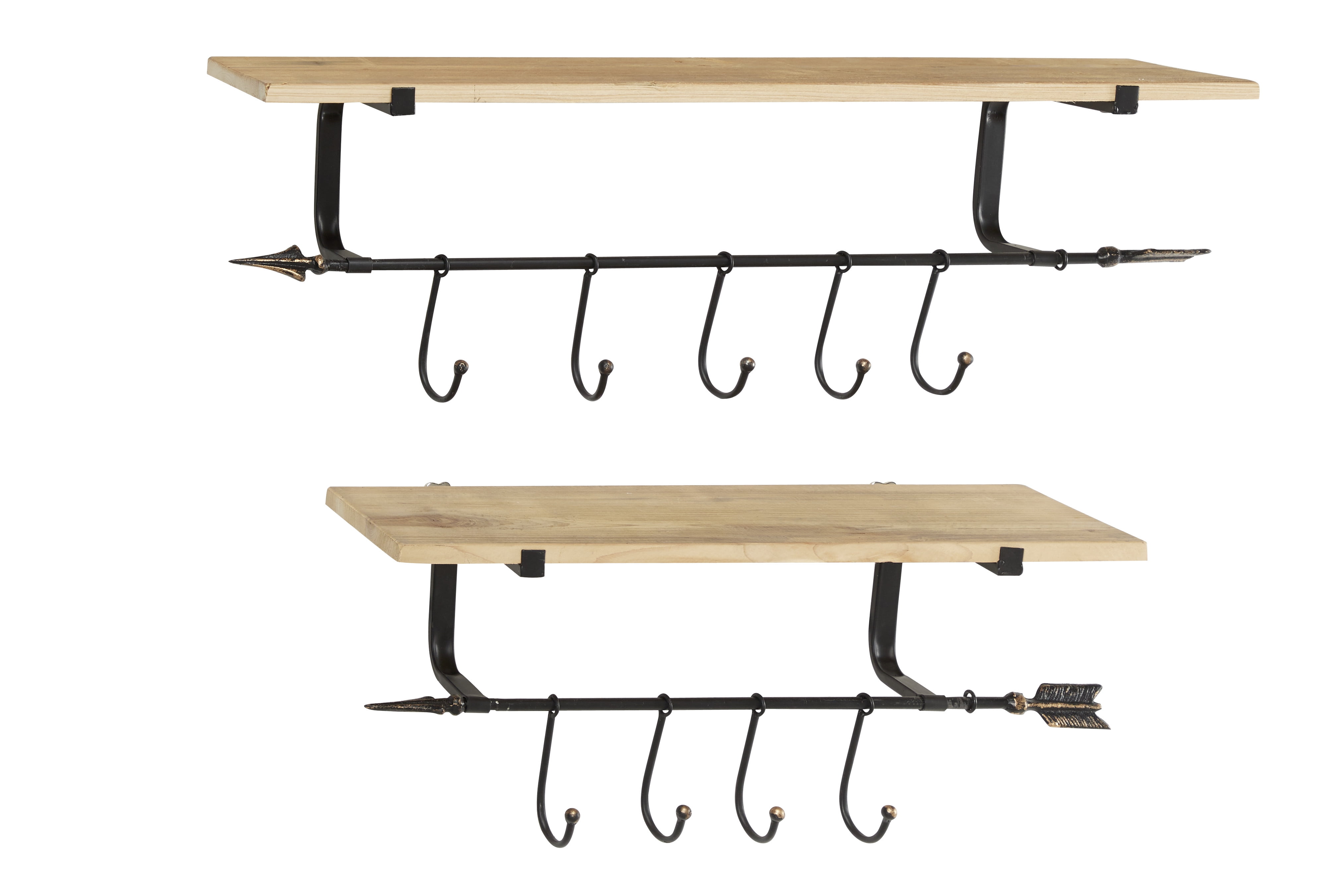Decmode Large Industrial Black Metal & Natural Wood Floating Shelves with Wall Hooks & Arrow