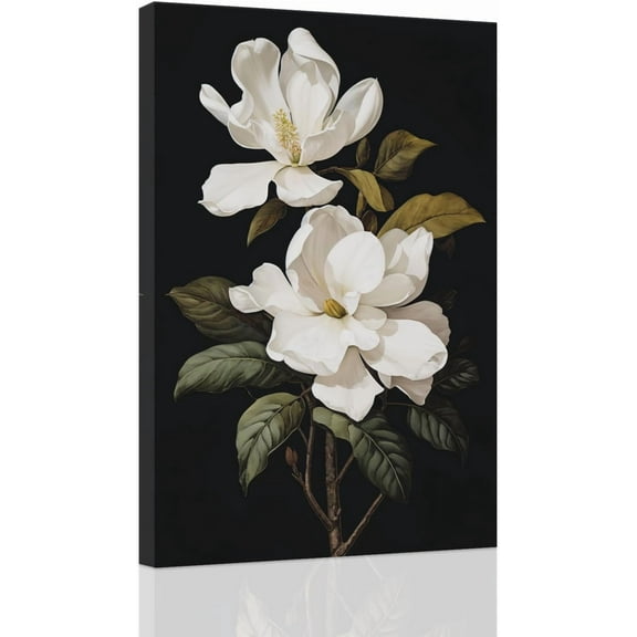 AVOI White Floral Wall Art Magnolia Flowers Pictures On Canvas Black And White Flowers Artwork Print For Bathroom Bedroom Kitchen Home Decor (E) Frame: 16x20in