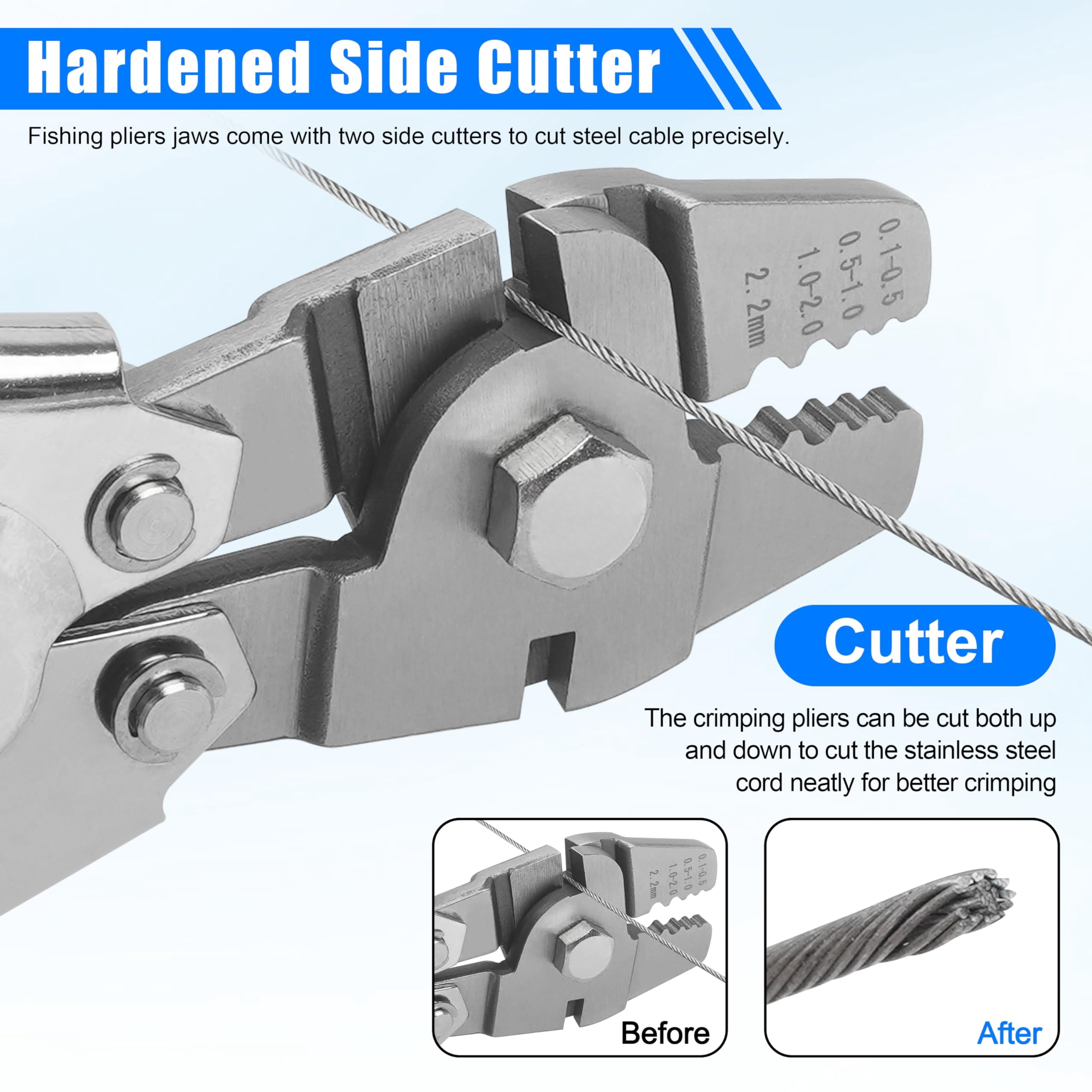 Wire Rope Crimping Tool with Cutter + 500pcs Crimp Sleeves Set Effort-Saving Fishing Crimping Pliers Stainless Steel Fishing Wire Crimper Tool, 4 Size Crimp Sleeves Fishing Tackle Pliers