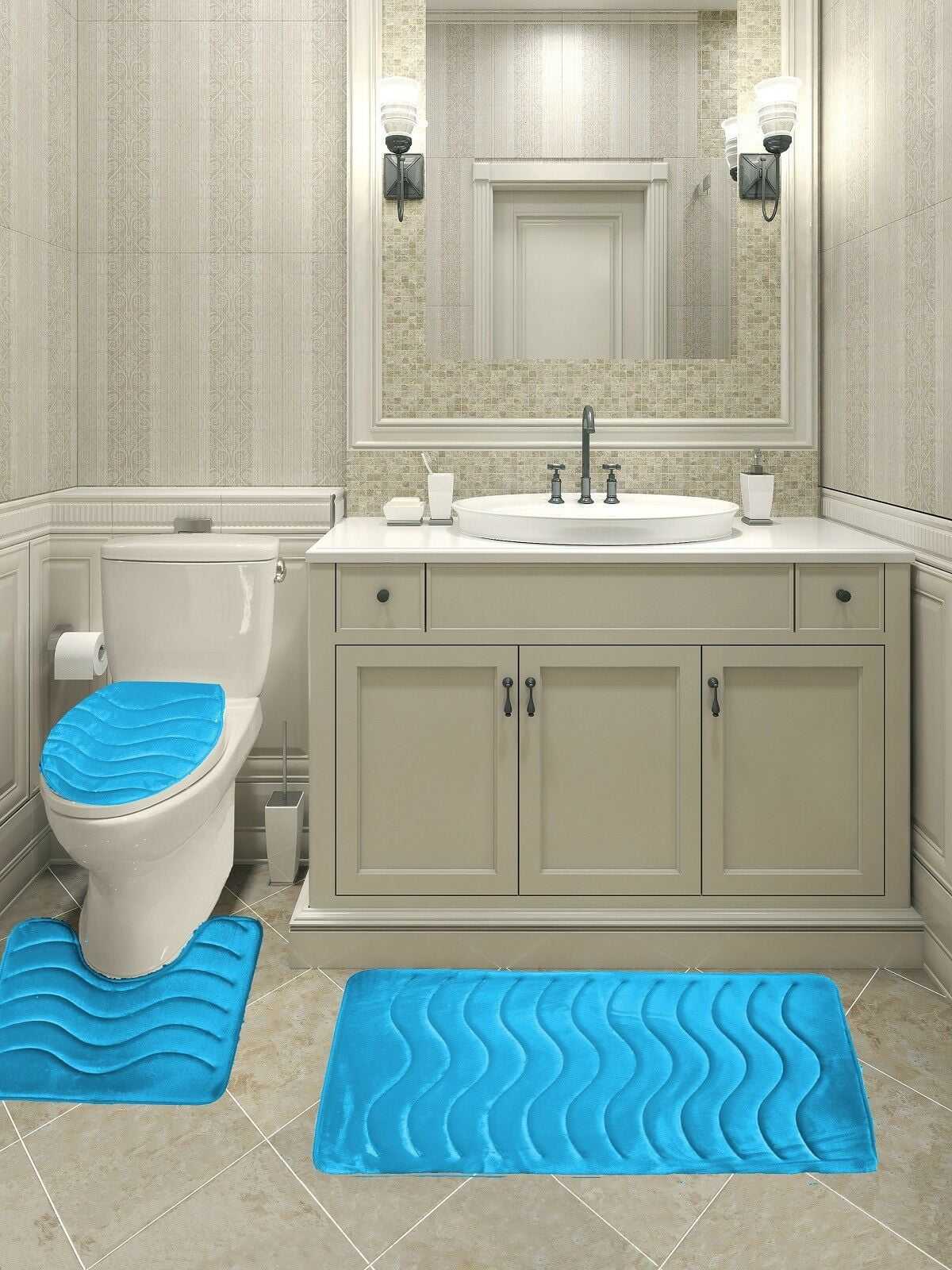 Absorbent Bath Rug Set for Bathroom U-Shaped Contour Rug Mat and Toilet Lid Cover EZON-CH Purple Floral Texture Pattern 3pcs Non Slip Bath Rug Sets 20x31+16x18+16x20