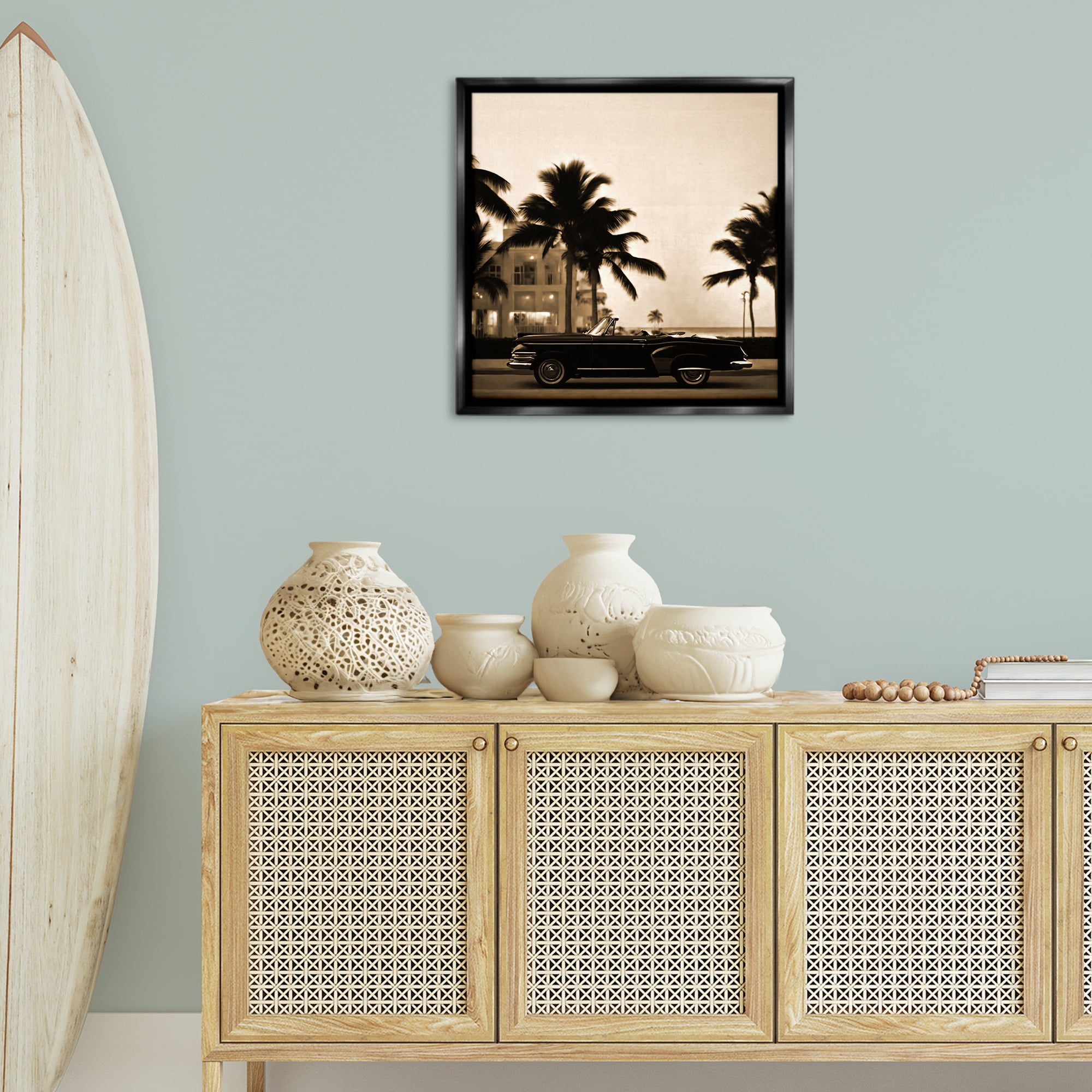 Stupell Industries Classic Black Car & Palms Transportation Painting Black Floater Framed Canvas Art Print Wall Art, 25 x 25