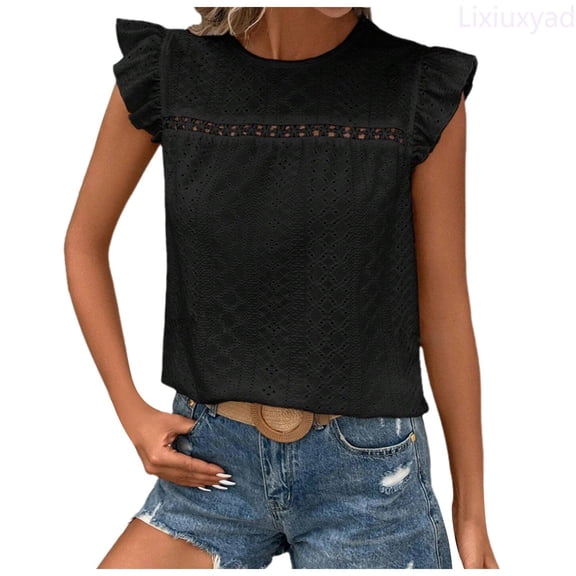 Lixiuxyad Womens Lace Short Sleeve Blouses V Neck T Shirt Dressy Casual Tops Womens Summer T Shirts,Black L
