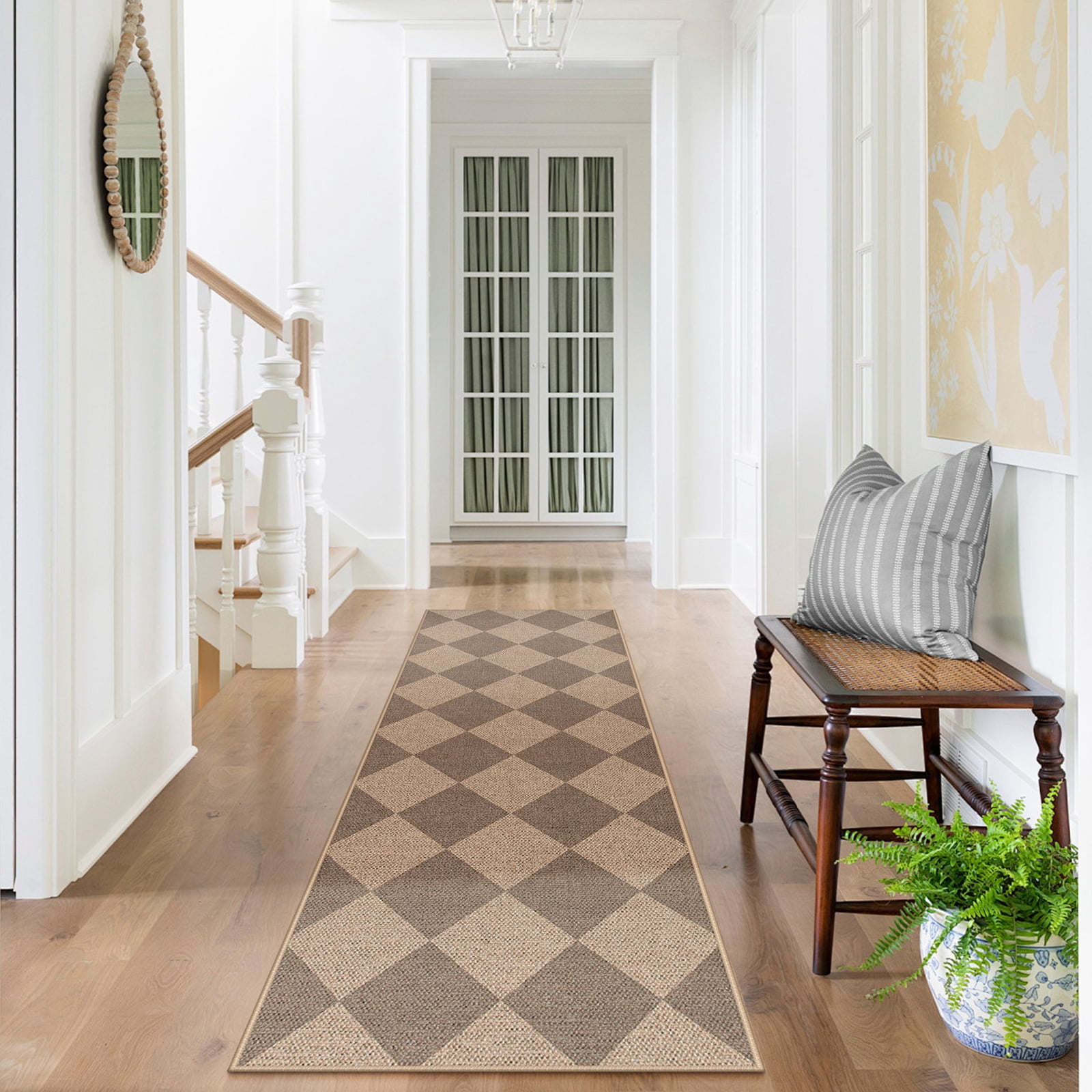 SUNDEREY 2'x6' Easy Jute Hallway Runner Rug, Non Slip Washable Rugs for Entryway Indoor Kitchen Mats for Floor, Modern Geometric Checkerboard Indoor Outdoor Carpet for Entry Front Door,Khaki