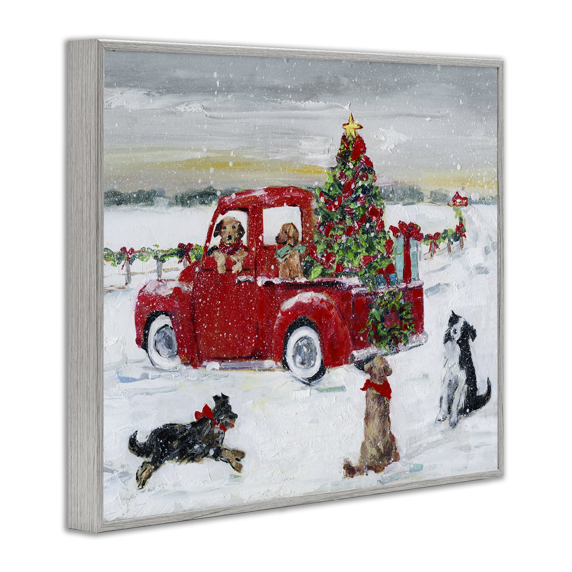 Stupell Industries Seasonal Truck with Dogs Holiday Painting Gray Framed Art Prints Wall Art, 30 x 24