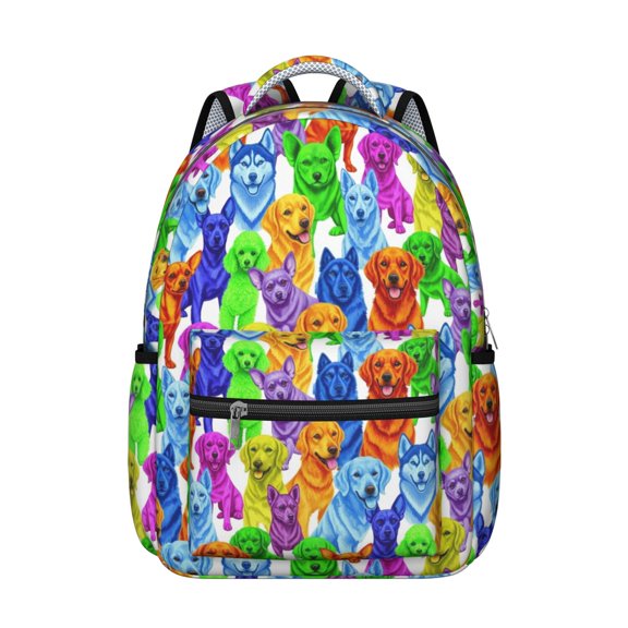 Colorful Dog Breeds White Pattern Backpack for School, Cute School Bag with Adjustable Shoulder Straps and Padded Back, 15.3"x11"x7.1"