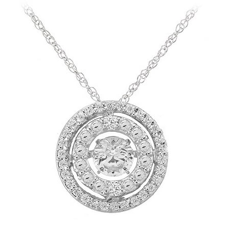18' Round Box Chain - Diamond Halo with Dancing Created White Sapphire Sterling Silver Pendant, 18