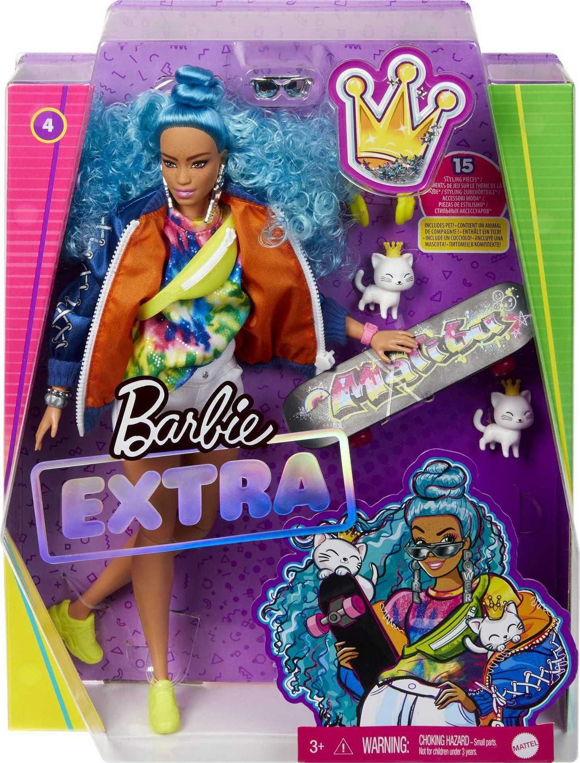 Barbie Extra Doll #4, Curvy, in Zippered Bomber Jacket with 2 Pet Kittens, Extra-Curly Blue Hair, Layered Outfit & Accessories Including Skateboard, Multiple Flexible Joints, Gift for Kids 3 Years Old