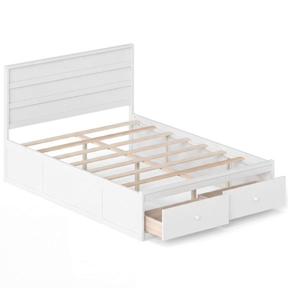 Infans Full Size Bed Frame w/Storage Drawers, Headboard, Wooden Slat Support, White