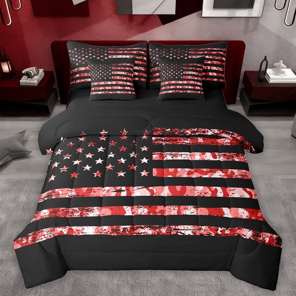 Homewish Rustic Camo Camouflage 7-Piece Twin Bedding Sets,American Falg Pattern Bedding Comforter Set,Red Black Sheet Sets For Teens,Super Cozy Room Decor Reversible