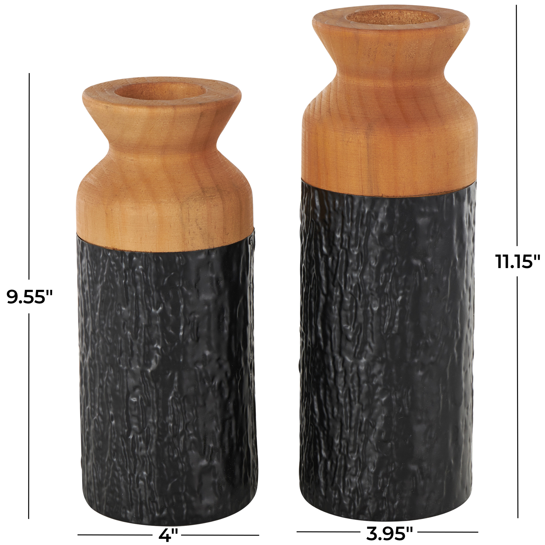 DecMode 11", 10"H Abstract Textured Color Block Black Metal Vase with Brown Wood Tops, Set of 2