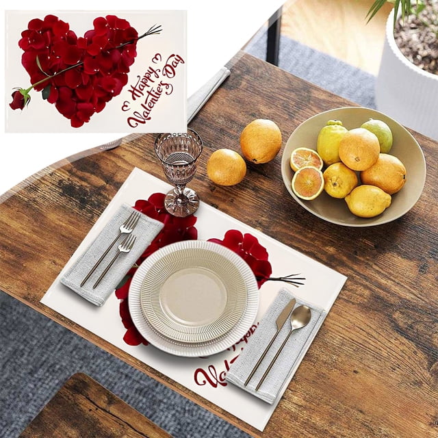 RKSTN Ensemble de Table Mats 2025 Saint-Valentin Napperons Lettrage Rouge Imprimé Fleur Napperons de Fête Napperons Décoratifs Thermiques Gadgets de Cuisine Mats