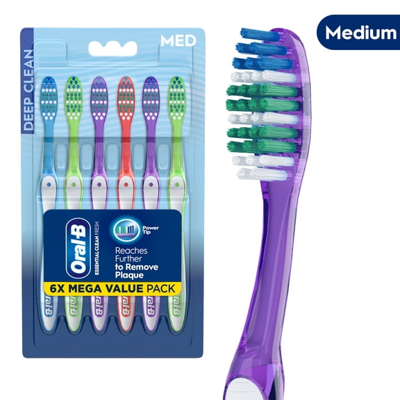 Oral-B Toothbrush Pack, Essential Clean Manual Toothbrushes, Medium Bristles, 6 Count