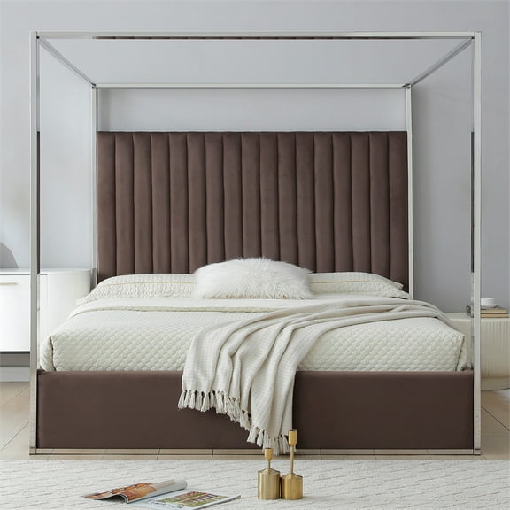 Jeffrey Canopy Velvet Upholstered King Bed Frame In Dark Brown