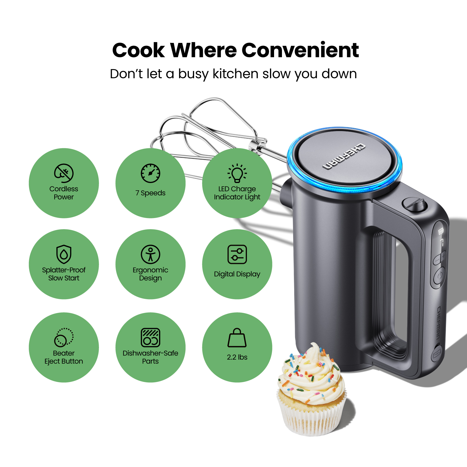 Chefman Cordless Hand Mixer w/ 7 Speed Settings, Digital Display, LED Charge Indicator - Black