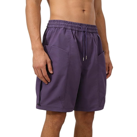 Man Drawstring Outdoor Hiking Shorts Solid-Color Loose Sporty Running Training Shorts with Pockets Purple 4XL