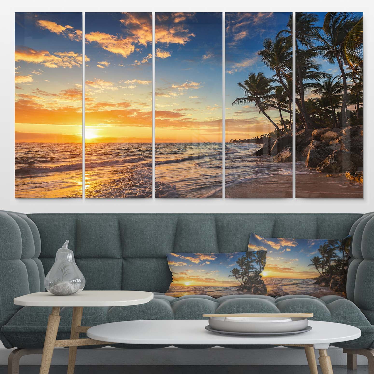 Designart 'Paradise Tropical Island Beach with Palms ' Multipanel Extra Large Seascape Metal Wall Decor