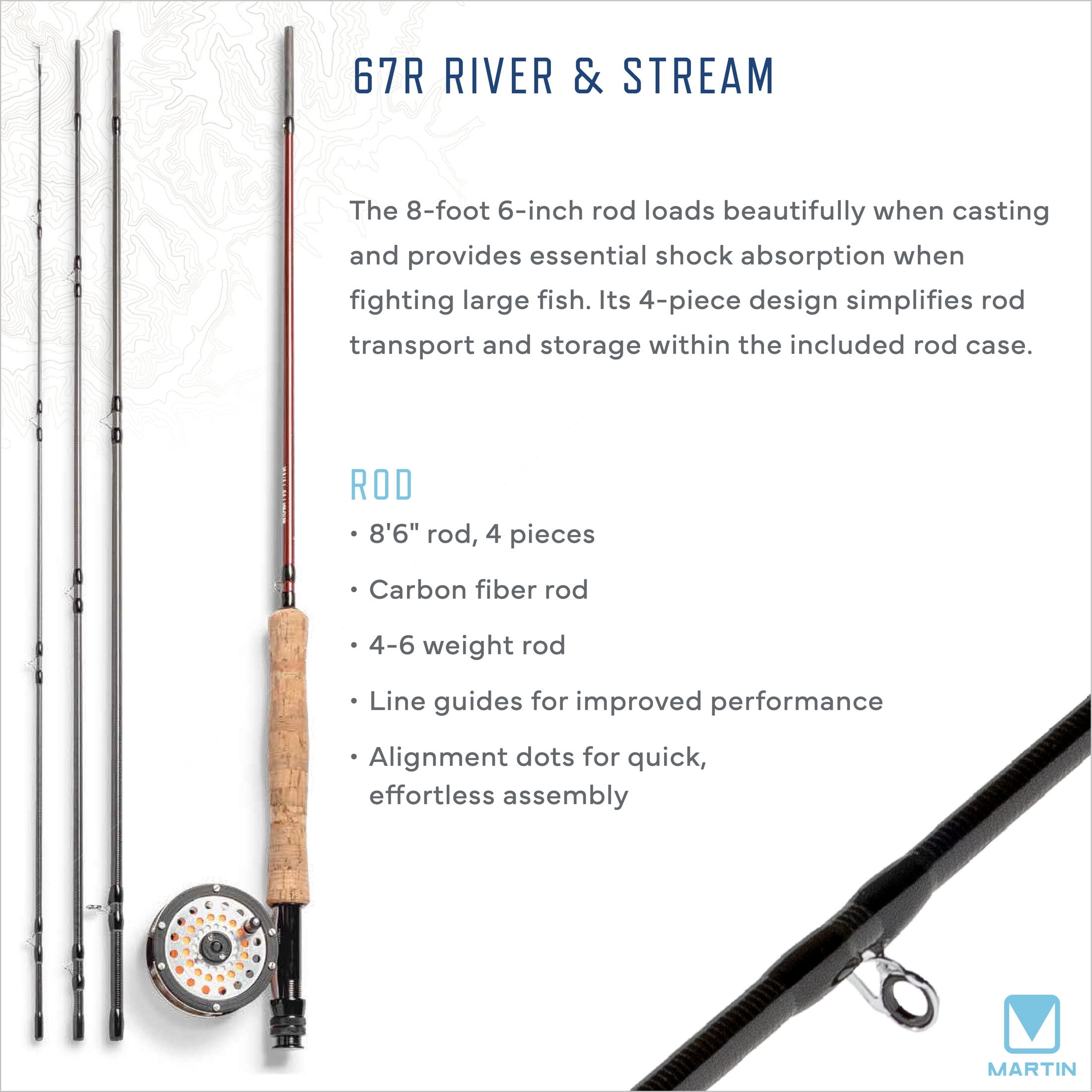 Martin 67R River and Stream Fly Fishing Rod and Reel Combo Kit, 8-Foot 6-Inch Rod, Tackle Box and Hook Removal and Cutting Tool, Brown