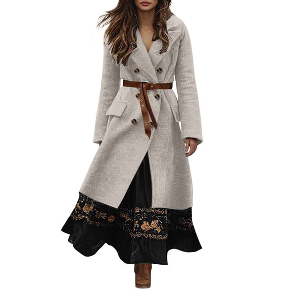 Women's 2025 Bohemian Style Double Breasted Wool Blend Coat, Mid-Length Trench Coat with Lapel Collar, Slim Fit Overcoat, Elegant Fall Winter Outerwear, Classic Solid Color (Belt Not Include) Beige L