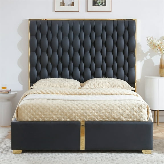 Rollie Vegan Leather Upholstered Queen Bed Frame In Black