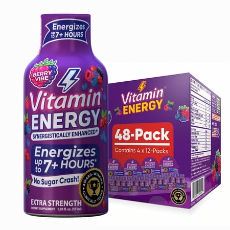 Vitamin Energy Pre-Workout Extra Strength Shot, Berry, 48 Pack – 260mg Natural Green Tea Caffeine, Keto-Friendly Endurance Blend, Zero Sugar, 1.93 fl oz