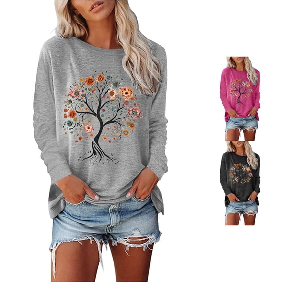 DHFJKG Long Sleeve Shirts For Women Graphic Tees Floral Tree Printed Crew Neck Loose Fit Casual T Shirt Spring Fall Stylish Tops