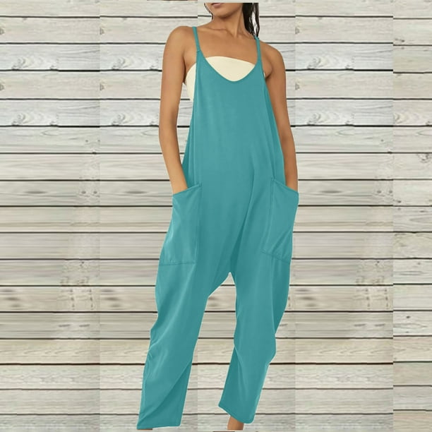 ICHUANYI Clearance Fashion Women Casual Cold Shoulder Jumpsuit Solid Suspender Jumpsuits Wide Pocket Leg Pant(Navy, S) ICHUANYI WER2023080702861